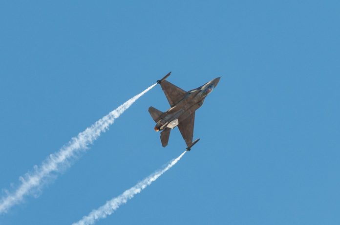 F-16 demo air fighter plane performing aerobatics. Athens Flying week operation sindoor