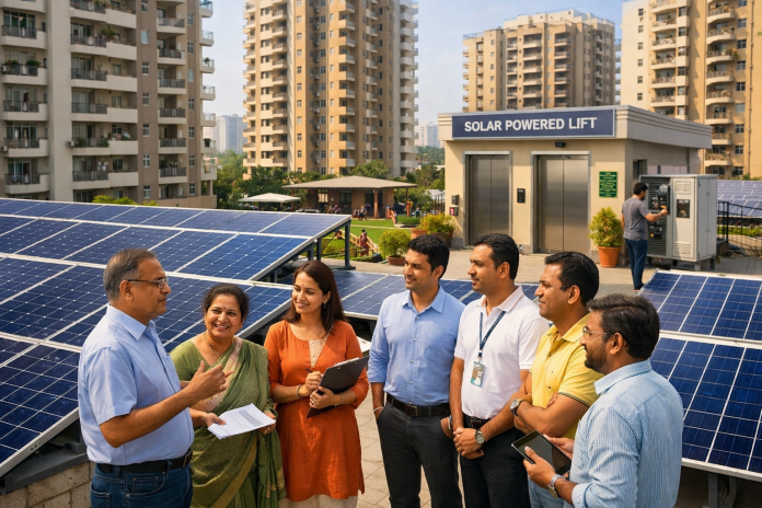 Apartment Common Area Solar For RWAs Apartment housing society using shared rooftop solar panels to reduce common area electricity bills