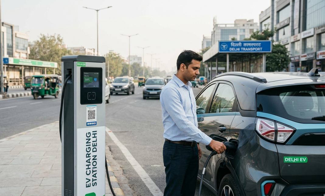 Delhi EV Policy 2026 Approved: How Much Subsidy You Get On New Electric Cars And Scrapping Incentives Electric car charging in Delhi with EV policy and subsidy concept