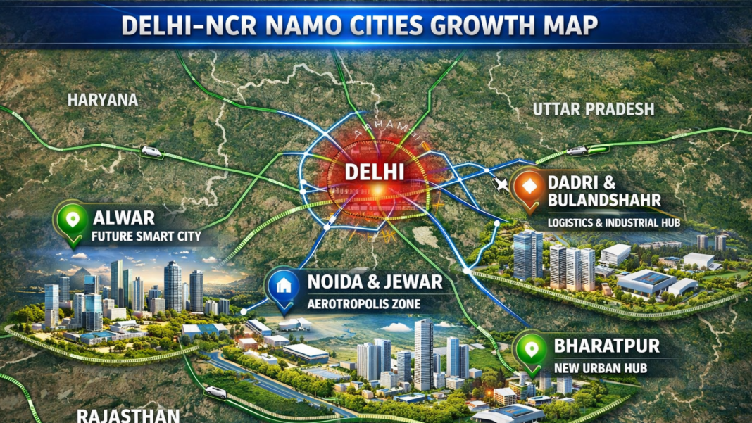 Where Are The 4 New ‘Namo Cities’ Coming Up In Delhi-NCR? Map, Exact Locations, And Property Value Impact Explained Proposed Namo Cities in Delhi NCR showing likely locations, transport corridors, and future growth zones under Regional Plan 2041