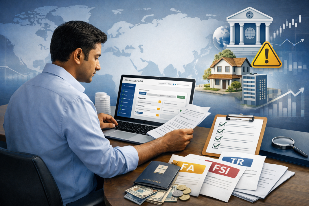 ITR Filing 2026: Foreign Income Or Overseas Assets? 7 Disclosure Mistakes To Avoid ITR Filing 2026 foreign income disclosure showing tax documents, global assets, overseas bank accounts and compliance checklist
