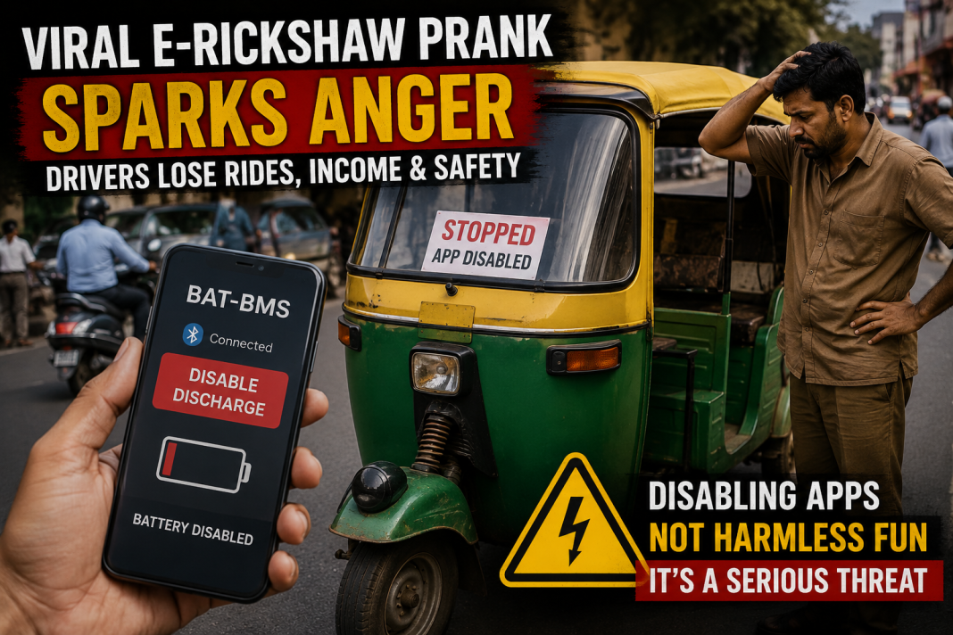 Viral E-Rickshaw Prank Sparks Anger: Why Disabling Drivers’ Apps Is Not Harmless Fun E-rickshaw driver stranded after a viral battery app prank disables the vehicle, highlighting EV safety and cybersecurity concerns.