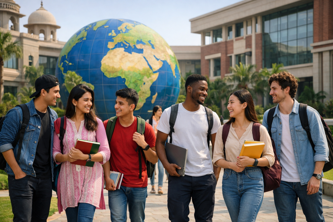 Foreign Student Enrolment in India Rises 47%: Why Is Nepal Still the Top Source Country? International students walking on an Indian university campus representing foreign student enrolment in India