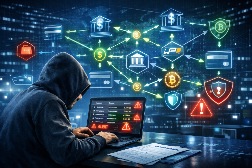 What Is a Mule Account? Why Cyber Scammers Use Thousands of Bank Accounts to Hide Money Illustration of cybercriminals moving stolen money through multiple bank accounts in a mule account fraud network
