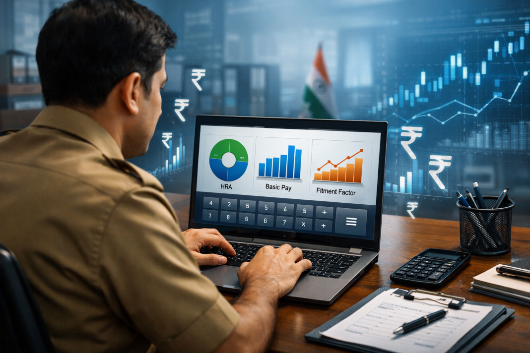 8th Pay Commission HRA Calculator: How To Check Your New HRA Using Basic Pay And Fitment Factor Government employee using an HRA calculator to estimate salary under the 8th Pay Commission.