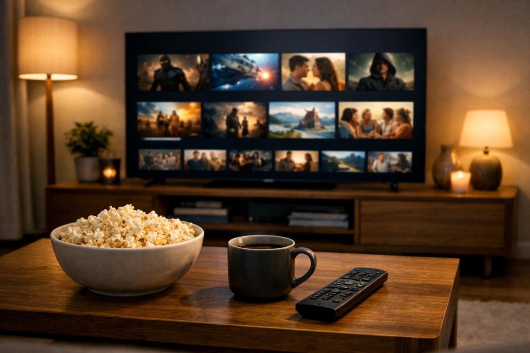 Latest OTT Movie Releases This Week: What to Watch From July 17 Smart TV displaying a generic streaming interface in a modern living room with a remote and popcorn for a weekend movie night.