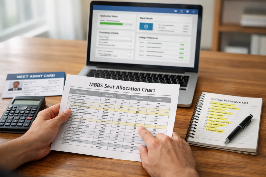 MBBS Admissions 2026-27: 9,911 New Seats Added, Which States Benefit Most? Student reviewing MBBS seat allocation details and medical college preferences on a laptop with admission documents on a study desk.