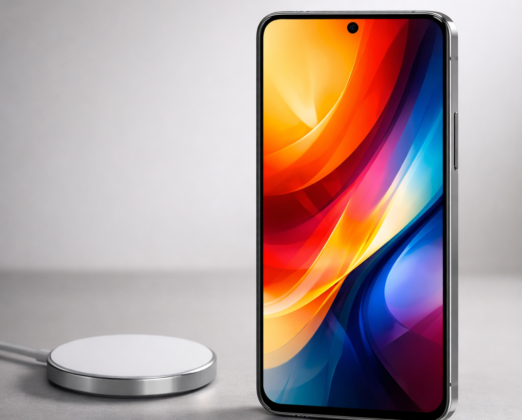 Motorola Edge 70 Max Unveiled In India: What Makes The Snapdragon 8 Gen 5 Phone Different? Premium smartphone with a bright AMOLED display placed beside a magnetic wireless charger on a clean studio surface.