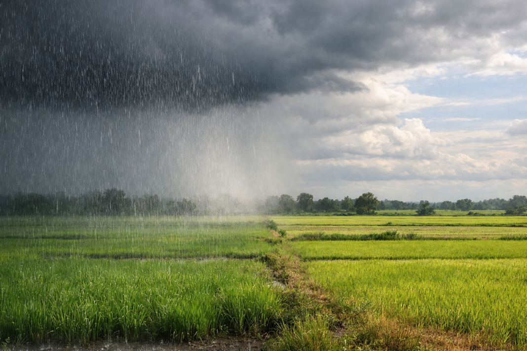 Monsoon Missing Across Half Of India: Why Did Rain Shift To East And Northeast India? Dark monsoon clouds bringing heavy rainfall over farmland while nearby fields remain dry, illustrating uneven monsoon conditions in India.