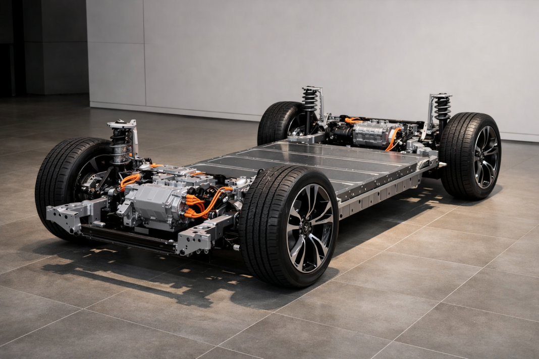 MG New Energy Vehicle Debut Today: Is This the Hector Hawk PHEV or a New EV Tech Showcase? Modular electric vehicle platform with battery pack and drivetrain displayed beneath a modern SUV chassis.