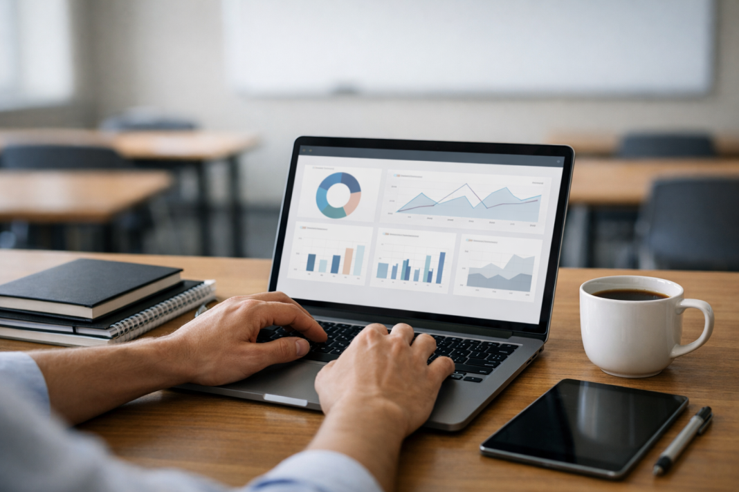 Zoho Classes 2.0 Launched: Can Indian Government Schools Use AI LMS for Free? Teacher using an AI-powered learning management system on a laptop in a modern classroom.