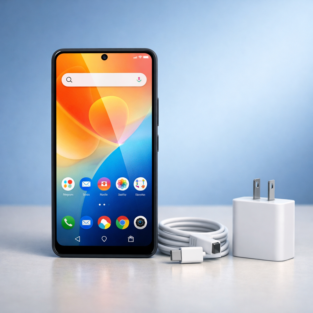 Vivo T5 Lite 44W Launched In India: Can Its 6,500mAh Battery Last Two Days? Modern smartphone displayed on a clean surface beside a fast charger, representing a long-battery-life 5G device.