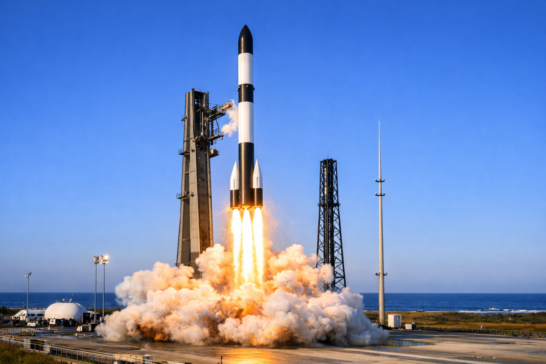 Vikram-1 Launch Today: Why Is India’s First Private Orbital Rocket a Big Deal? A modern orbital rocket standing on a launch pad before liftoff during a private space mission.