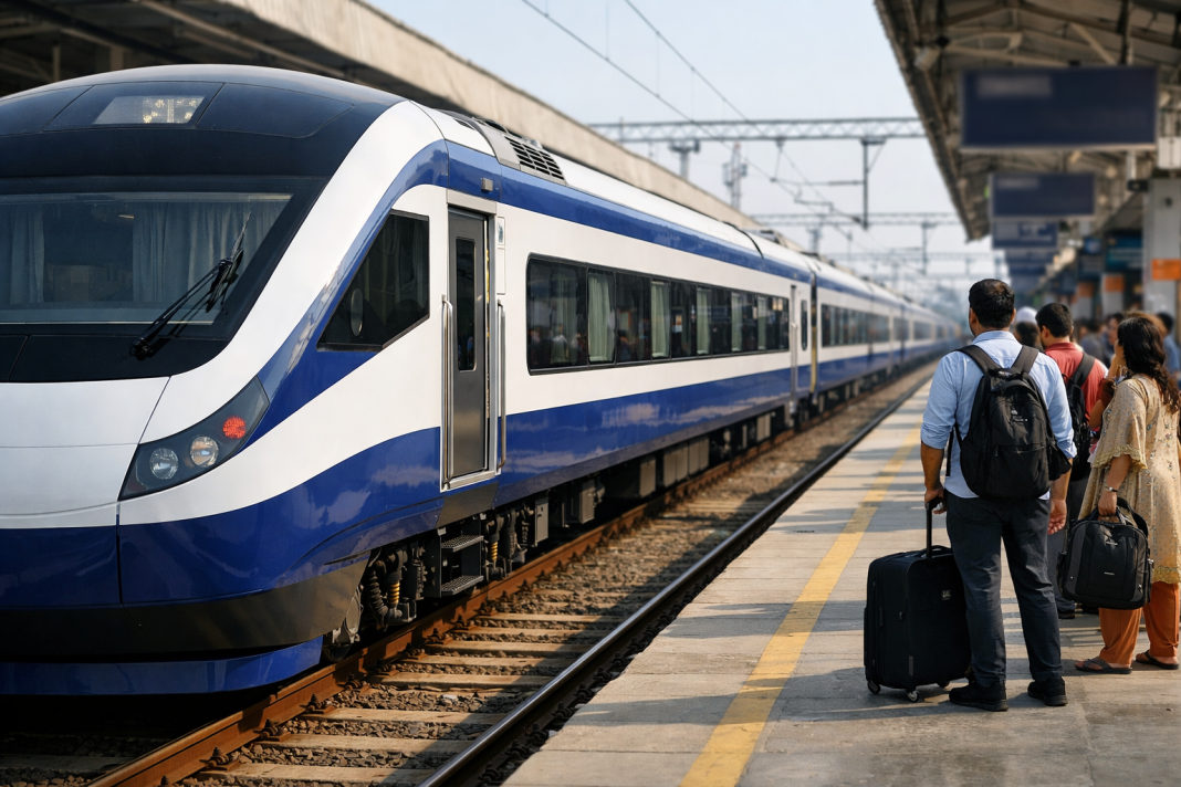 Vande Bharat Sleeper Rollout Delayed: Why Are 120 Trains Waiting for Design Approval? A modern overnight passenger train waiting at a railway station platform in daylight.