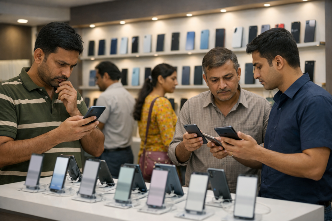 India Smartphone Sales Drop 10%: Are Budget Phones Getting Too Expensive for Buyers? Customers comparing smartphones inside a modern mobile phone retail store.