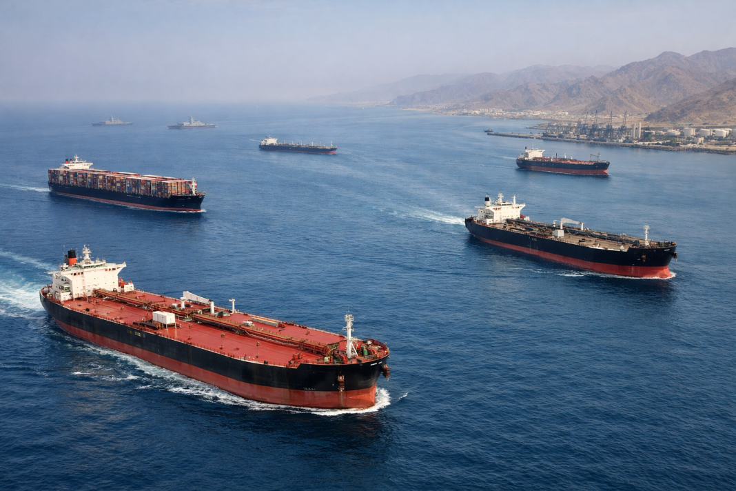 U.S.–Iran Strikes Intensify As Hormuz Disruption Threatens Global Trade Large oil tankers navigating a strategic maritime shipping route under heightened security.