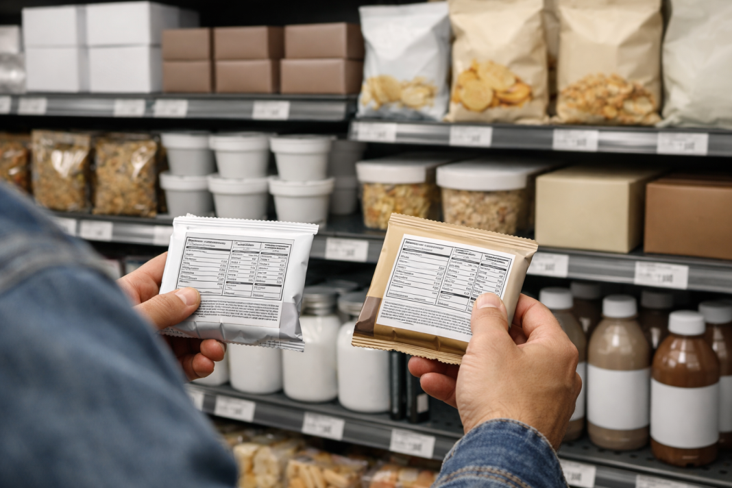 Protein Snacks In India: What Should You Check Before Buying ‘Healthy’ Packaged Food? A shopper comparing nutrition labels on packaged protein snacks in a supermarket.