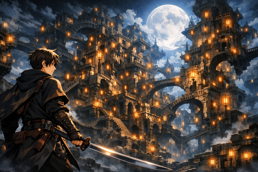 Demon Slayer Infinity Castle India OTT: Will Hindi, Tamil, and Telugu Versions Stream Together? An original anime-style swordsman standing before a mysterious fantasy fortress at night.