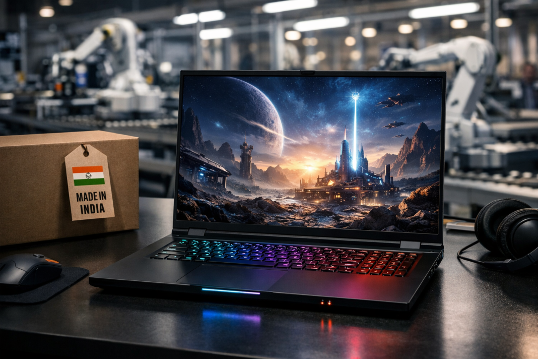 Made In India Gaming Laptop: What Is GIGABYTE’s New Gaming A16? A modern gaming laptop on a desk with a blurred electronics manufacturing facility in the background.