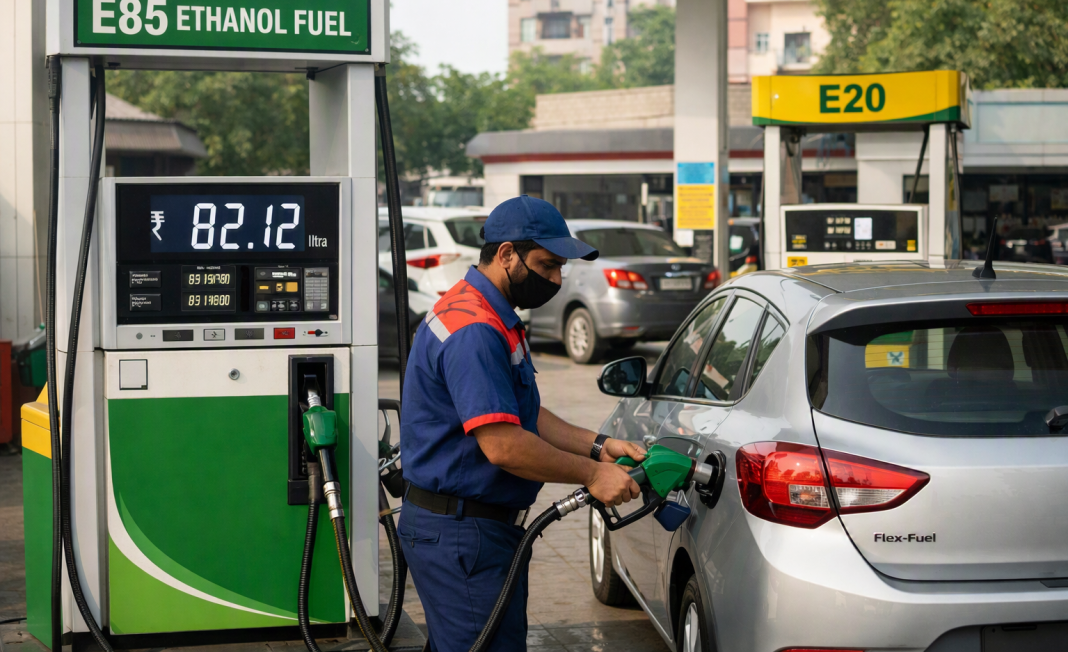 New E85 Fuel In Delhi Costs ₹20 Less Than Petrol: What Is The Catch? E85 ethanol fuel being dispensed at a Delhi petrol station for a flex-fuel vehicle
