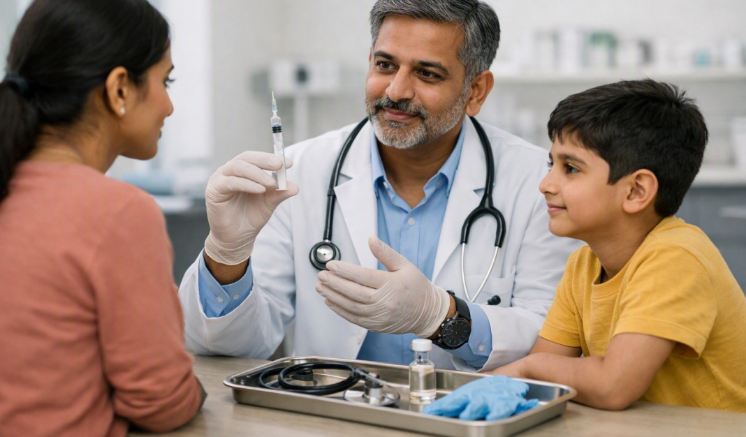 India Approves Its First Dengue Vaccine: Who Could Receive Takeda’s Qdenga? Indian doctor preparing a dengue vaccine during a consultation in a healthcare clinic.