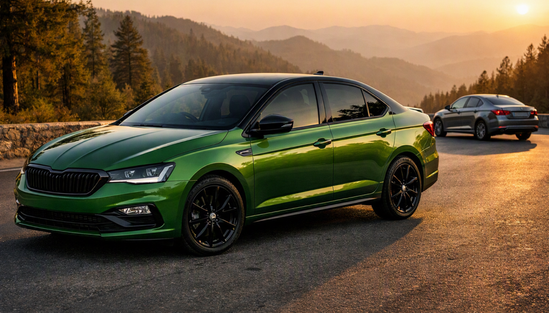 Skoda Slavia Monte Carlo Gets Two New Colours: Why Will Only 200 Units Be Sold In India? Skoda Slavia Monte Carlo in Shimla Green with a contrasting black roof parked on a scenic road.