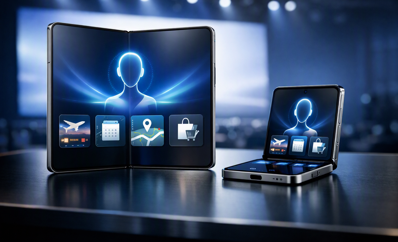 Gemini Intelligence Comes To Samsung Foldables: Can AI Run Apps And Book Tickets For You? Foldable smartphones displaying an AI assistant interface during a technology launch event.