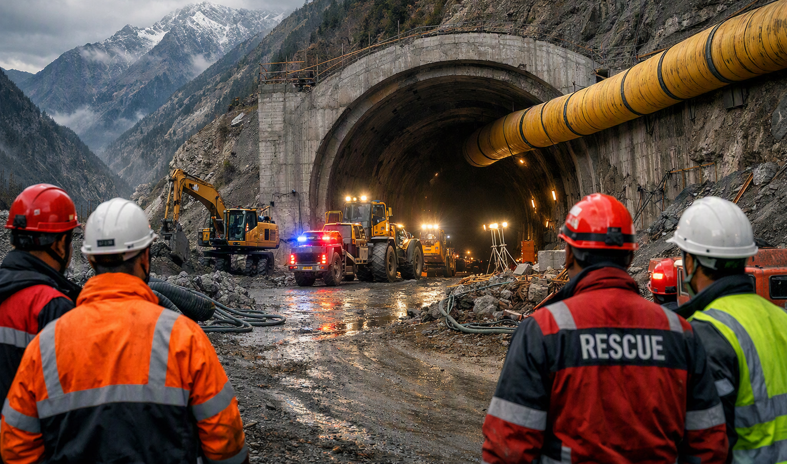 The Sikkim Tunnel Disaster Is A Warning: Should Infrastructure Deadlines Ever Outrun Worker Safety? Rescue teams outside an under-construction Himalayan tunnel after an infrastructure accident.
