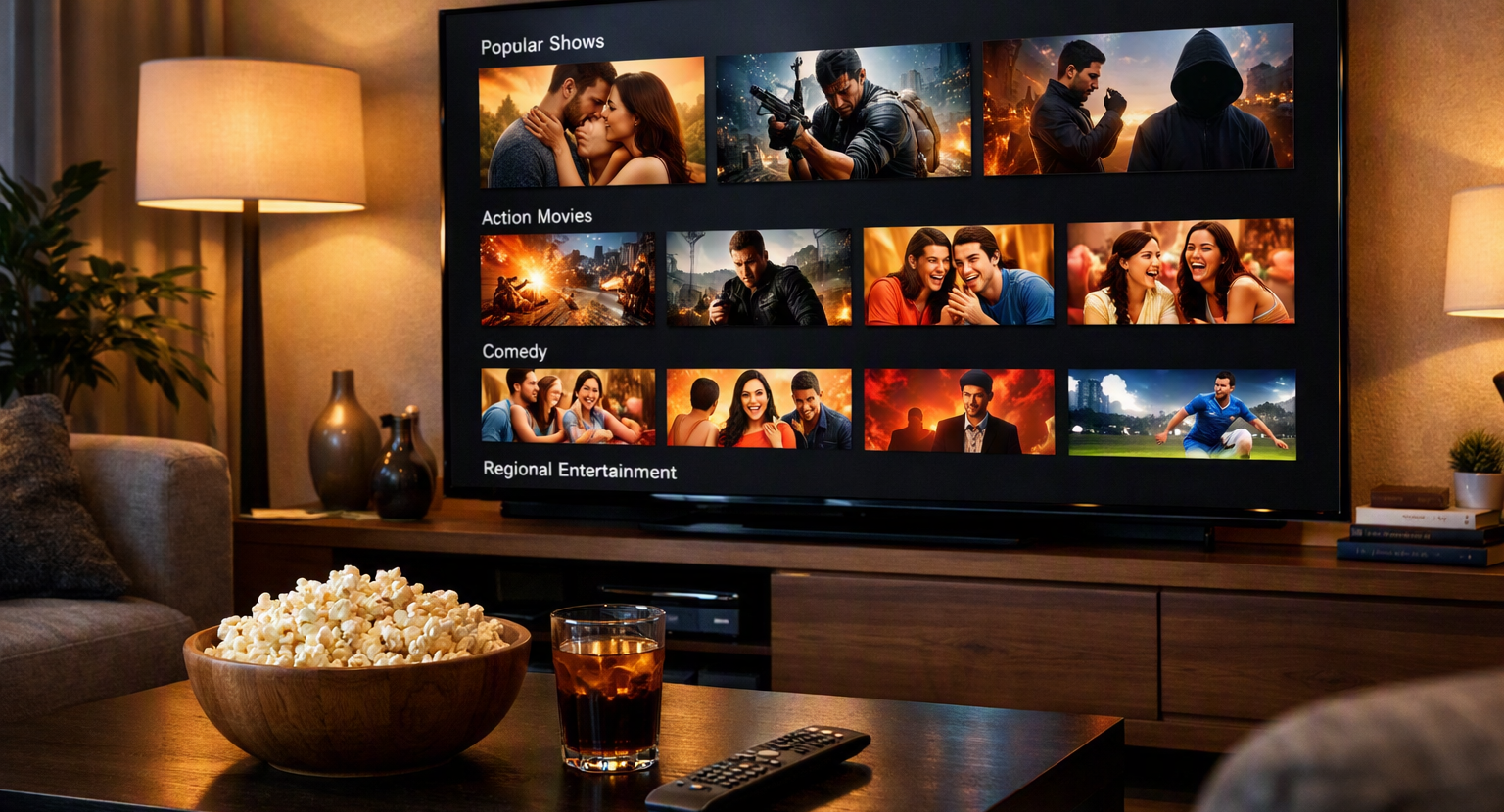 Friday OTT Releases Today: Musafir Cafe, Pallichattambi And Adarsh Baal Vidyalaya Lead The List Smart TV displaying a streaming platform with multilingual movies and web series.