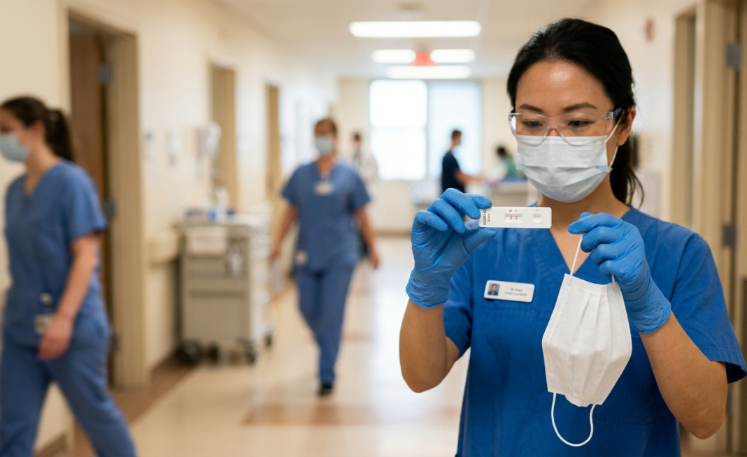 High-Level Health Meeting on COVID-19 Spread: Should Indians Start Taking Precautions Again? Healthcare worker holding a positive COVID-19 rapid test and surgical mask in a hospital during precautionary surveillance in India.