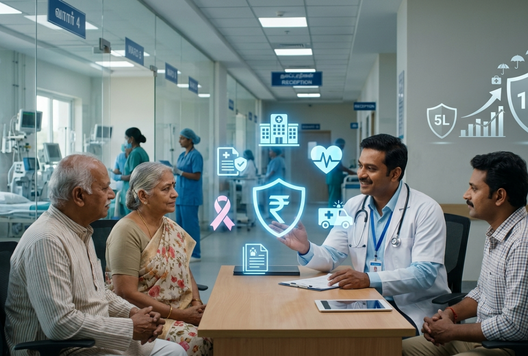 Ayushman Bharat Cover May Double To ₹10 Lakh: What Could It Mean For Patients? Doctor explaining Ayushman Bharat health insurance benefits to a family in a hospital.
