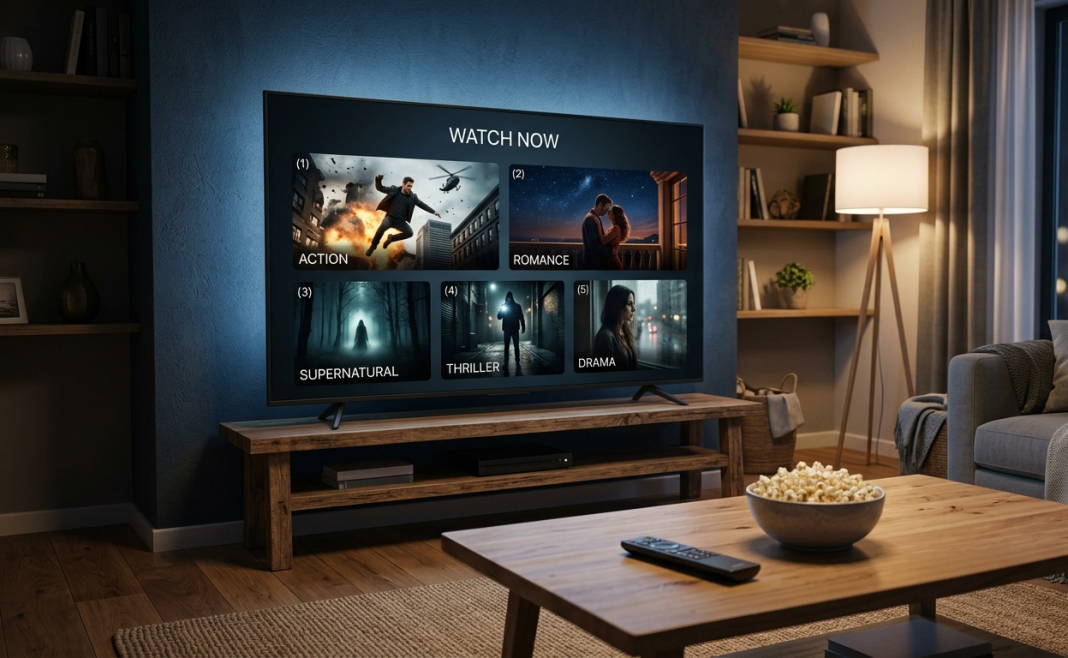 Friday OTT Releases Today: Maa Inti Bangaaram, The East Palace, and Heartstopper Forever Lead The List Modern smart TV displaying a generic streaming interface for new Friday OTT movie and series releases.