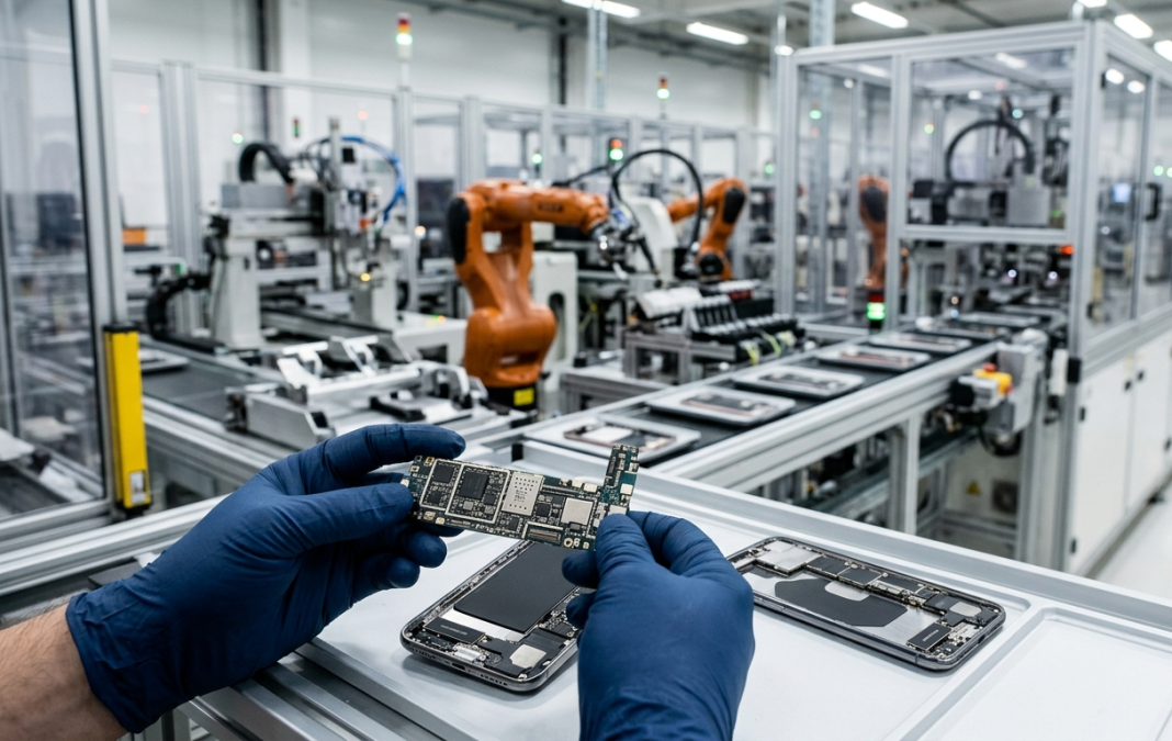New Mobile Phone Manufacturing Scheme Approved: Can India Make More Phones Locally? Modern smartphone manufacturing line with circuit boards and partially assembled smartphones in a clean electronics factory.