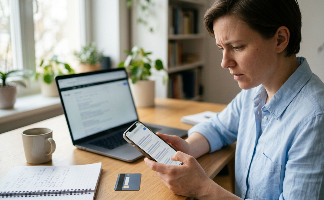 Google Bank Helpline Scam: How Did A Mumbai Woman Lose ₹4.74 Lakh? Person checking a banking support number on a smartphone while sitting at a desk, representing awareness about online banking frau