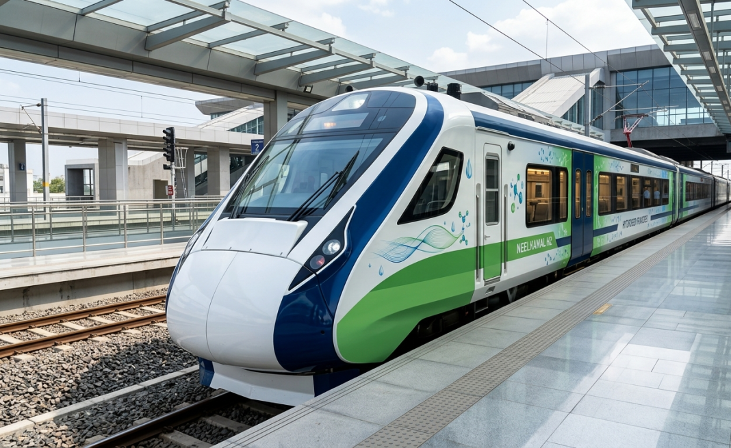India’s First Hydrogen Train Launch Today: Route, Speed, and Ticket Details Explained India's first hydrogen-powered passenger train standing at a railway station before beginning service on the Jind–Sonipat route.