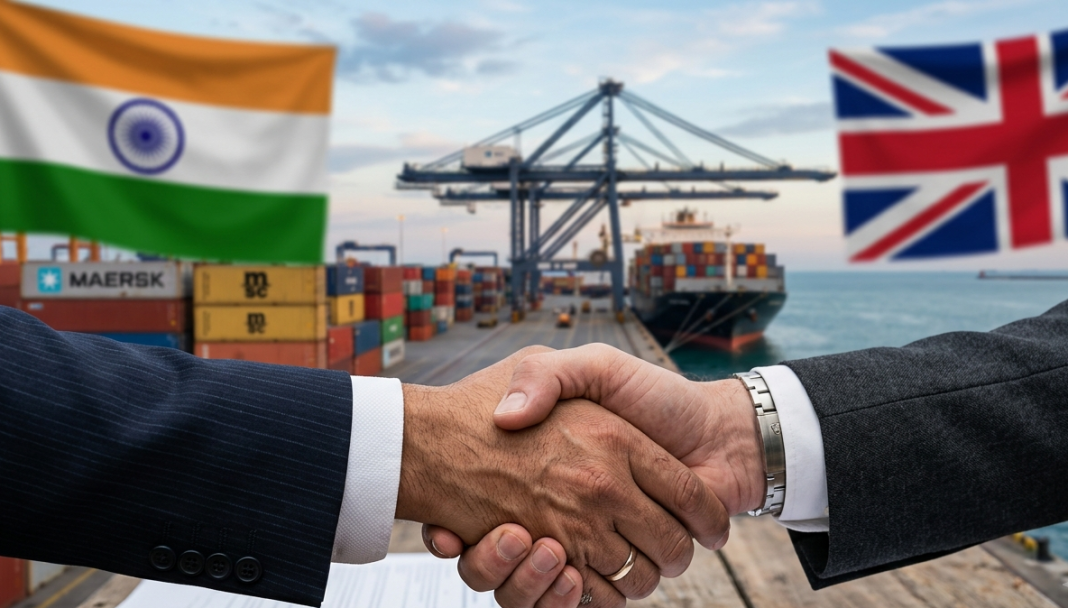 India-UK Free Trade Pact Rollout Today: What Could Change From July 15? Hands exchanging trade documents with India and UK flags in the background, representing the India-UK Free Trade Pact taking effect on July 15, 2026.