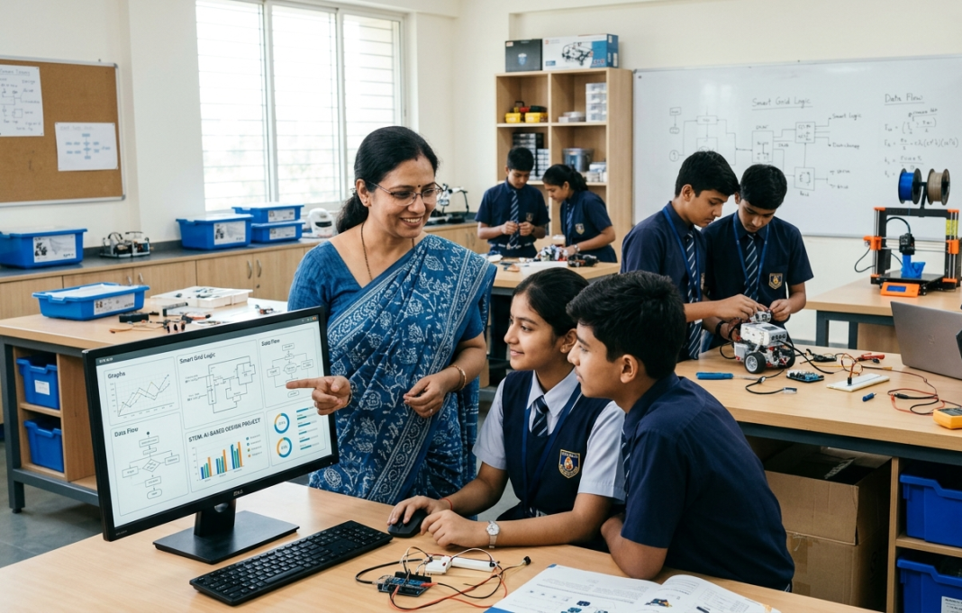 Google Unveils ATL Saathi App: How Can Indian Teachers Use The New Education Tool? Indian teacher using an AI-powered desktop assistant in an Atal Tinkering Lab while students build STEM and robotics projects.