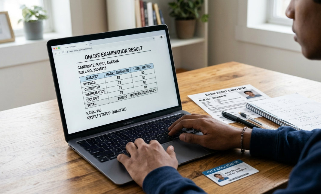 Re-NEET Result 2026 Expected By July 20: What Should Candidates Check After OMR Challenge? Student checking the Re-NEET Result 2026 online on a laptop with exam documents placed on a study desk.