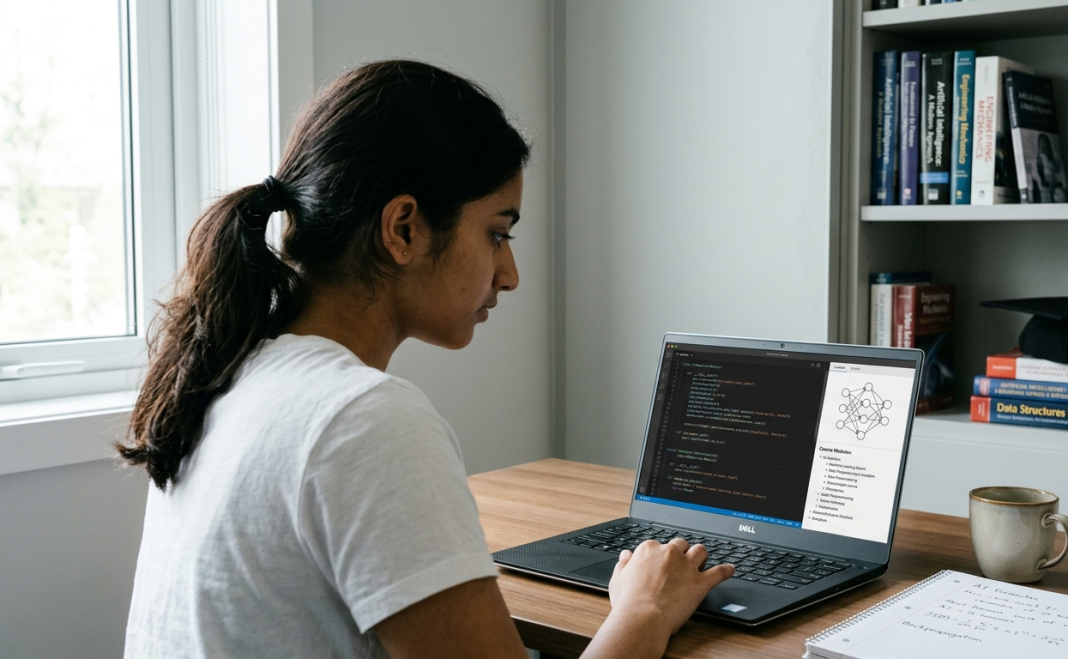 Top IITs Offer Short-Term AI Programmes: Who Should Apply For These Career-Focused Courses? Student attending an online artificial intelligence course on a laptop with Python programming and machine learning study materials.