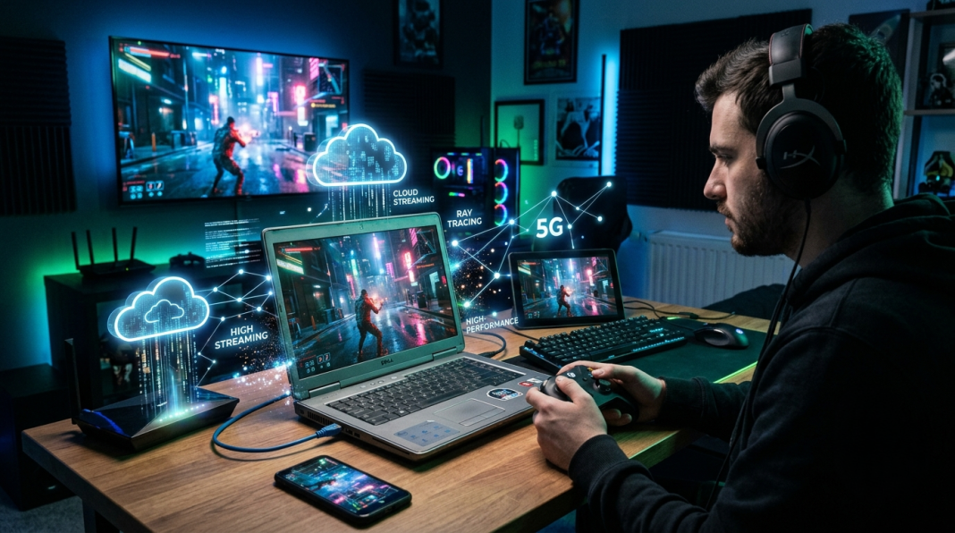 NVIDIA GeForce Now Launches In India Today: Can You Play 5,000+ Games Without A Gaming PC? Person streaming high-end PC games on an older laptop using Nvidia GeForce NOW cloud gaming